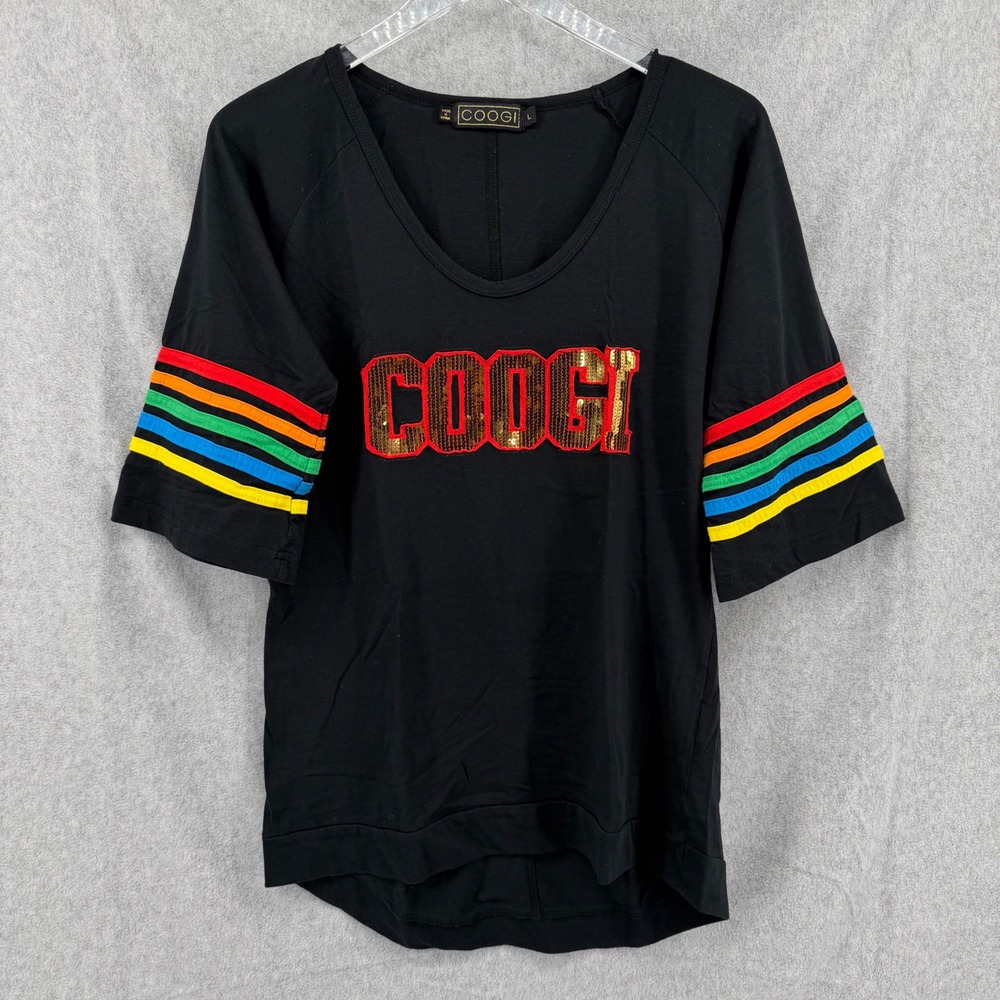 COOGI Womens Black Sequin Logo Rainbow Stripe High Low T-Shirt Size L